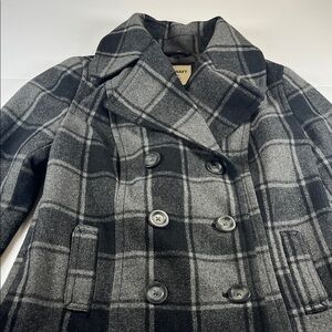 Vintage Old Navy Black and Gray Plaid Pea Coat Recycled Wool Blend Sz S